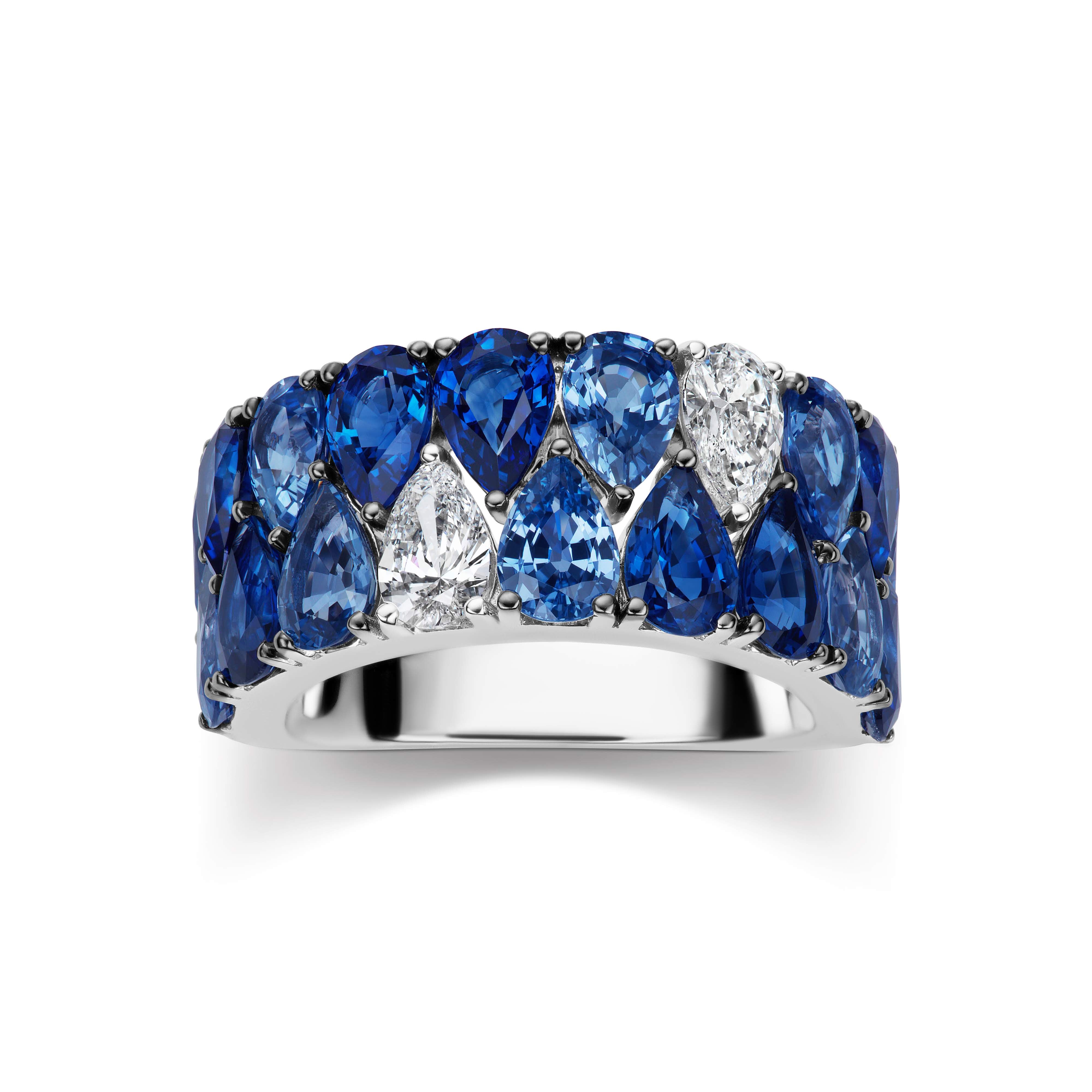 Pear Shape Diamond and Blue Sapphire Band Ring