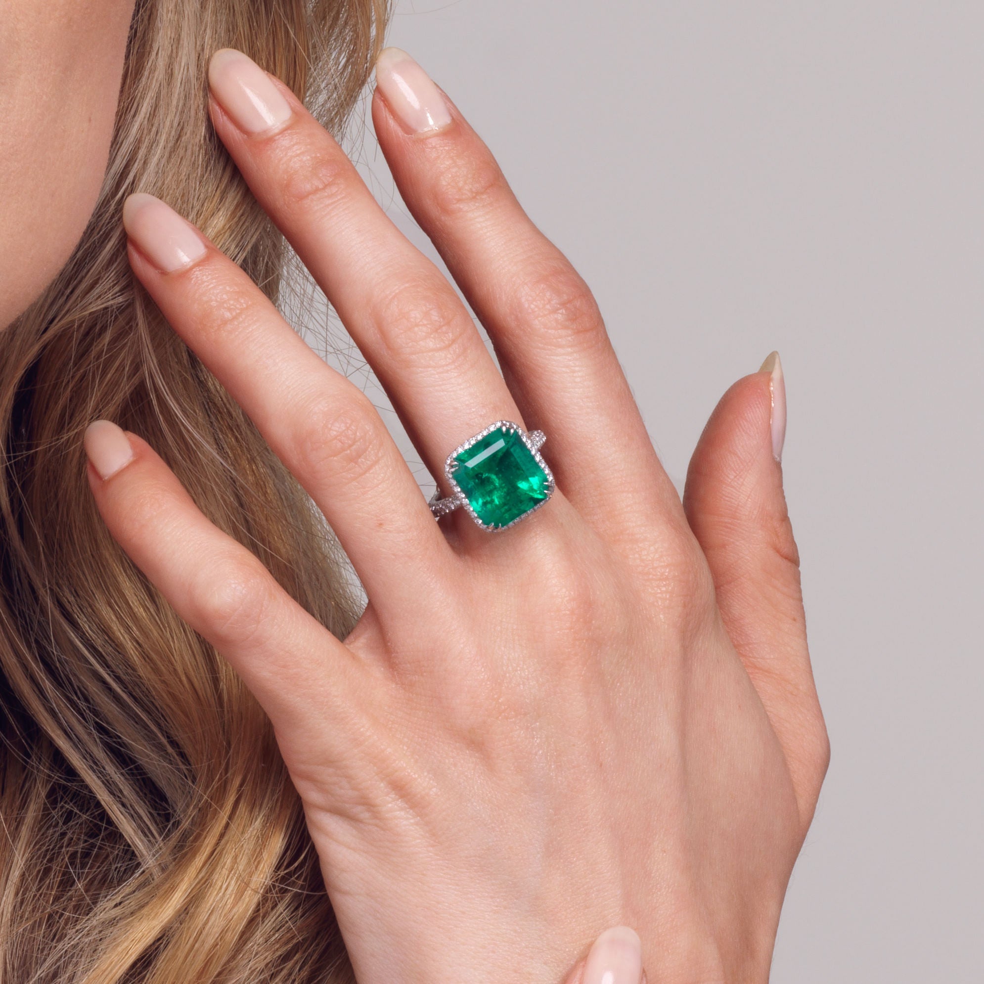 Emerald and Micro Pavé Diamond Ring