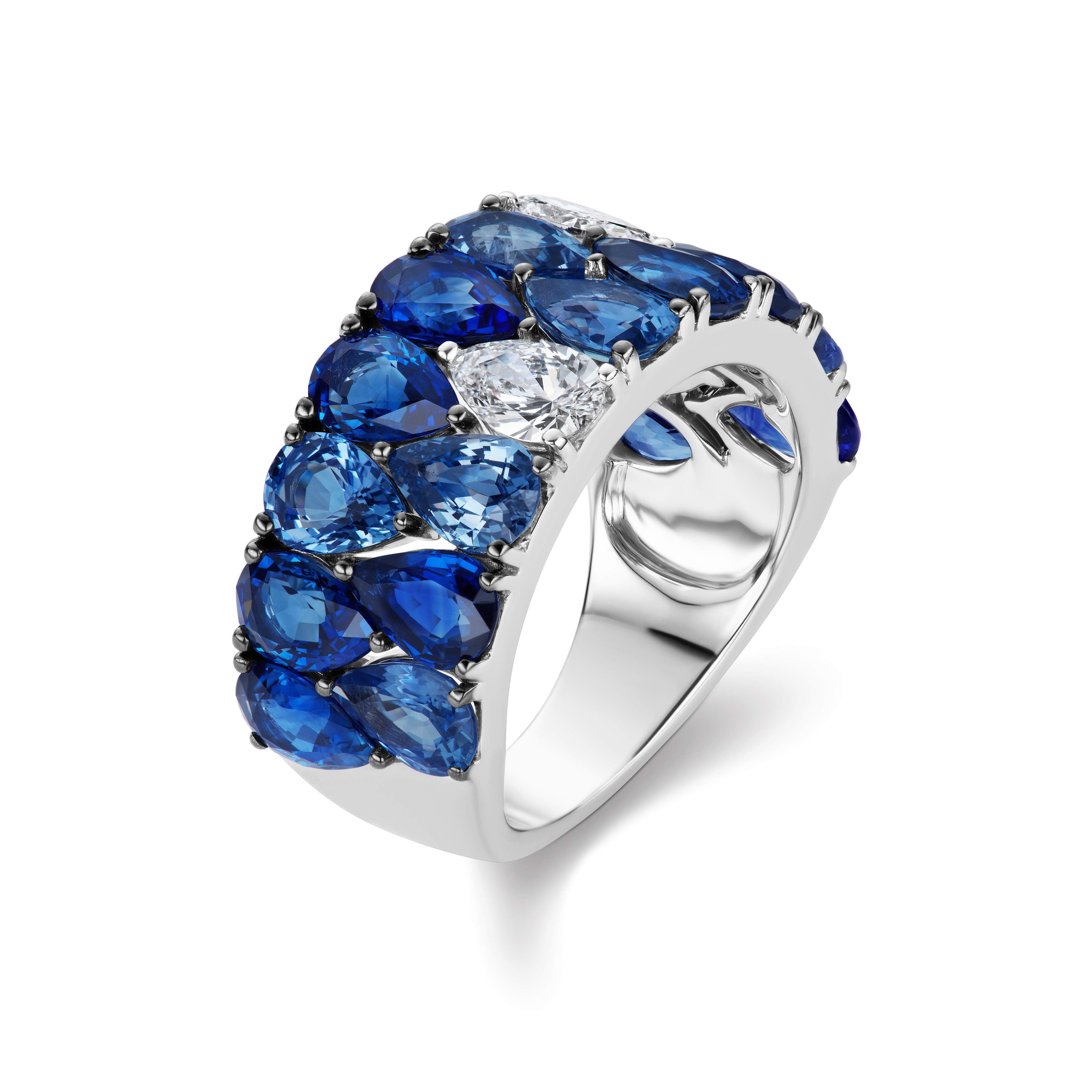 Pear Shape Diamond and Blue Sapphire Band Ring