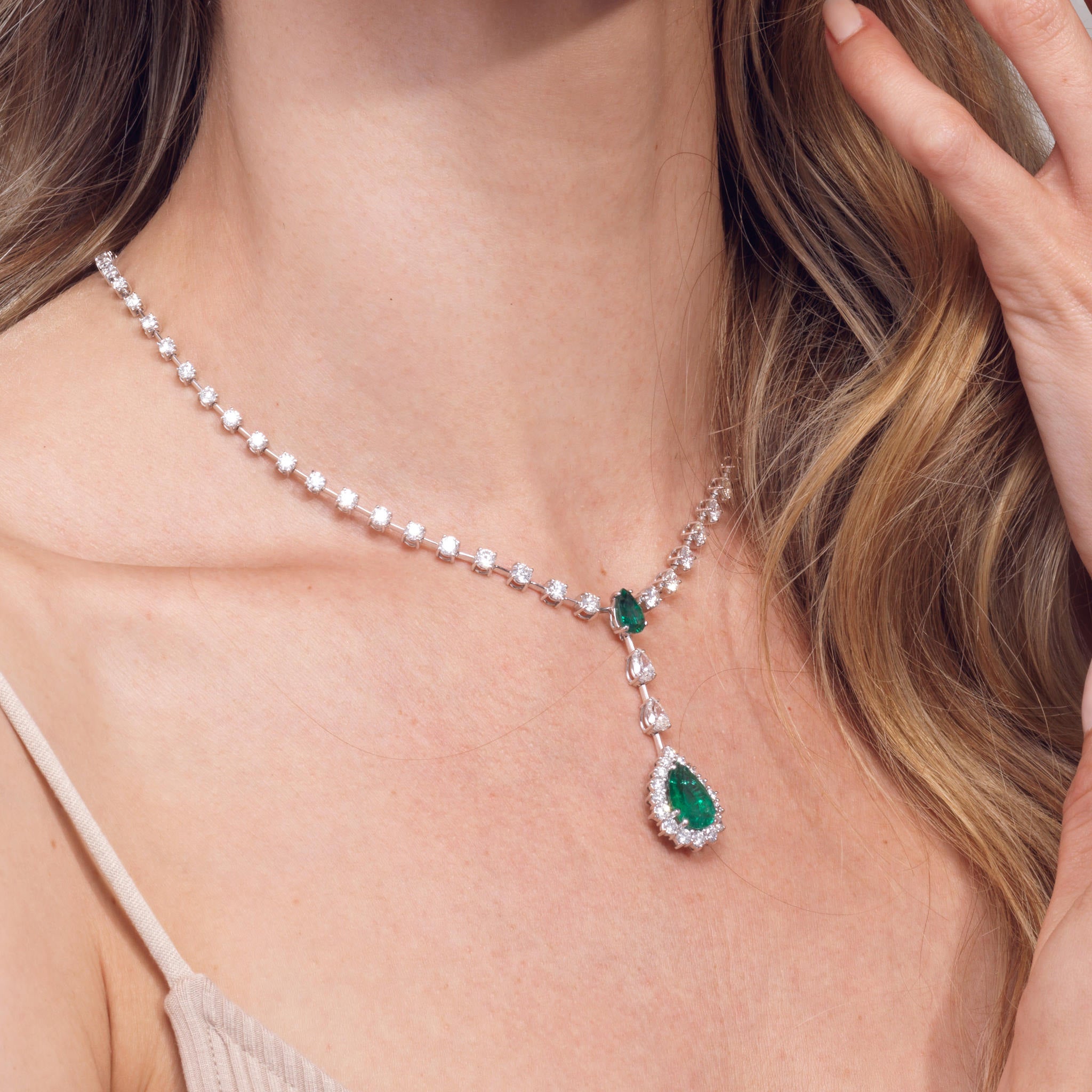 Pear Shape Diamond and Emerald Necklace