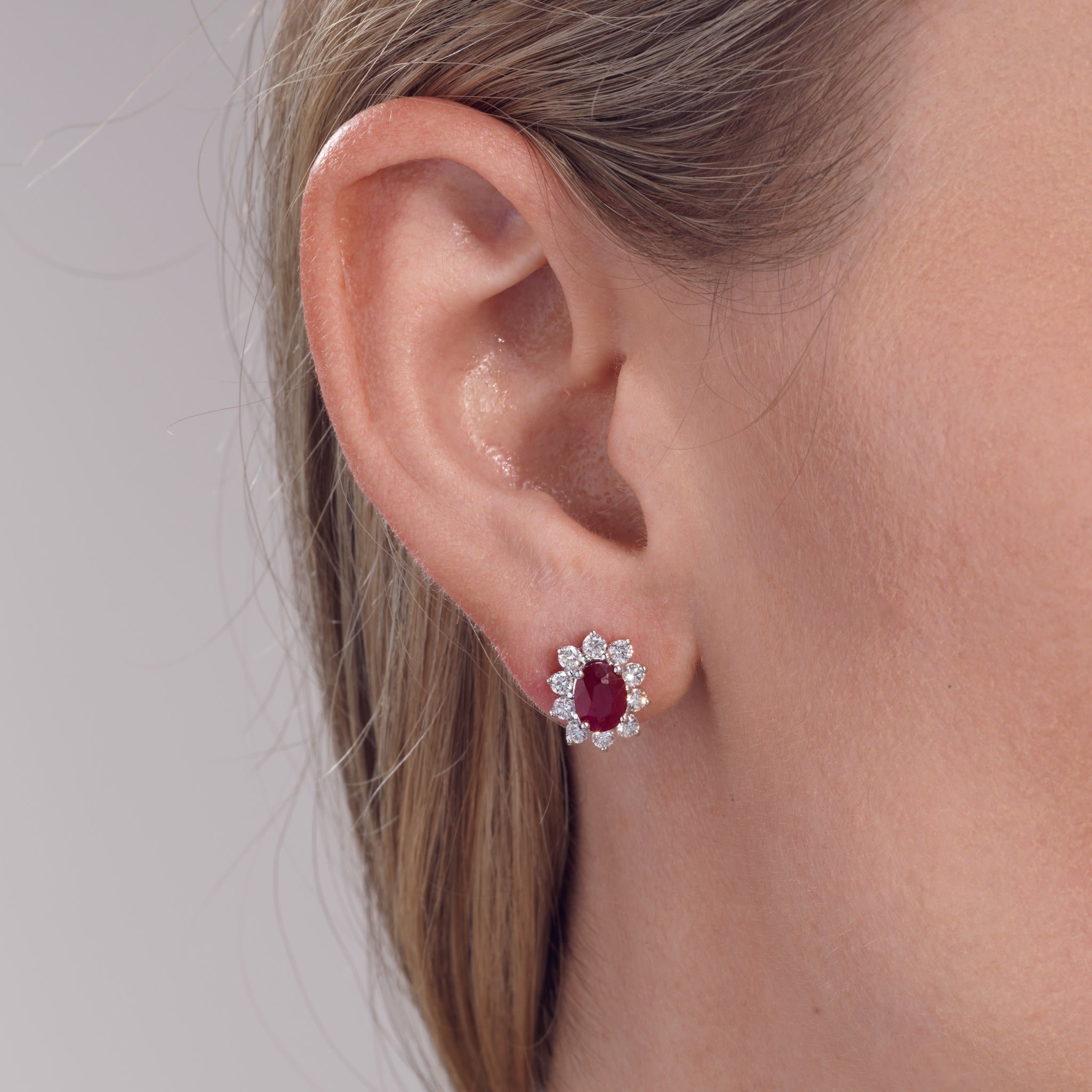 Diamond and Oval Ruby Stud Earrings